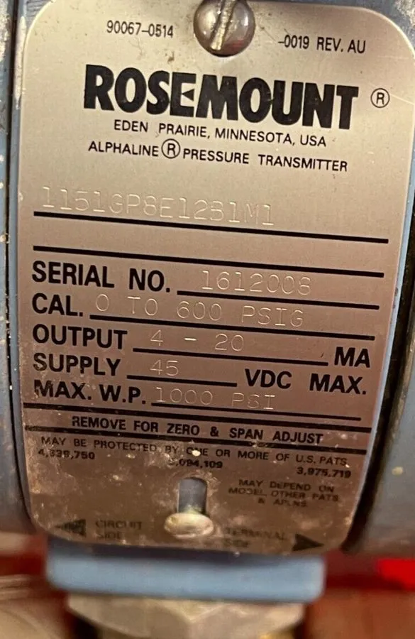 Датчик давления ROSEMOUNT PRESSURE TRANSMITTER P/N: 1151GP8E12B1M1 0-80 PSIG 45V