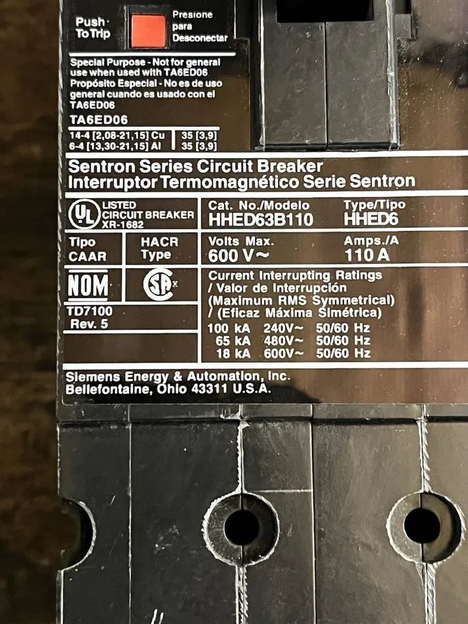 Автоматический выключатель Siemens Sentron HHED63B110 110 Amp 3 Pole 600V Circui — фото лота 2