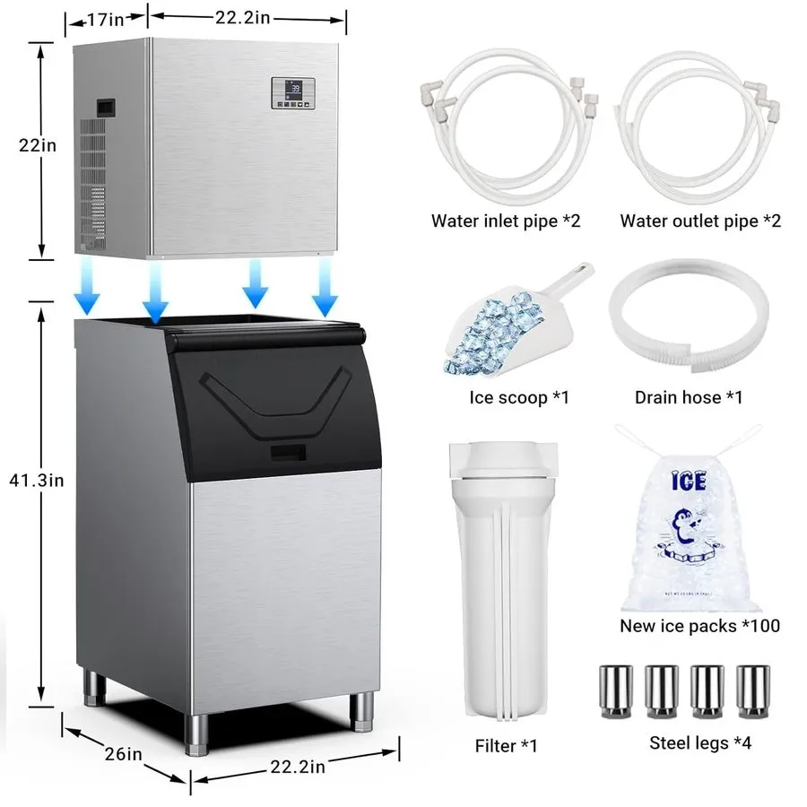 Льдогенератор Commercial Ice Machine 650LBS/24H with 400LBS Storage Bin, Industr