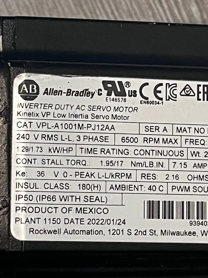 Серводвигатель allen bradley VPL-A1001M-PJ12AA INVERTER DUTY AC SERVO MOTOR