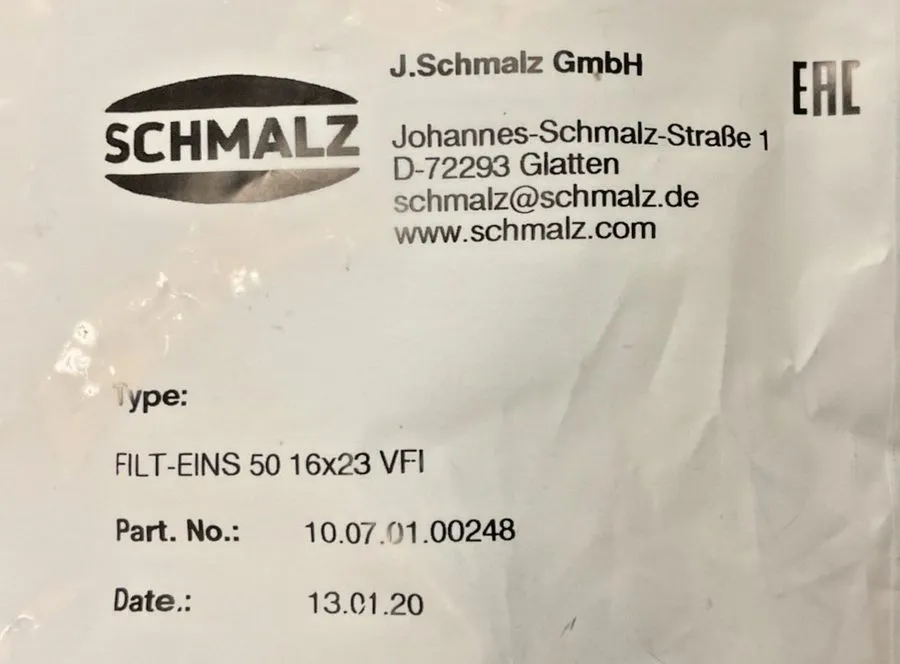 Пневмооборудование (PACK 5) SCHMALZ D-72293 TYPE FILT EINS 50 16 X 23 VFI, PART: