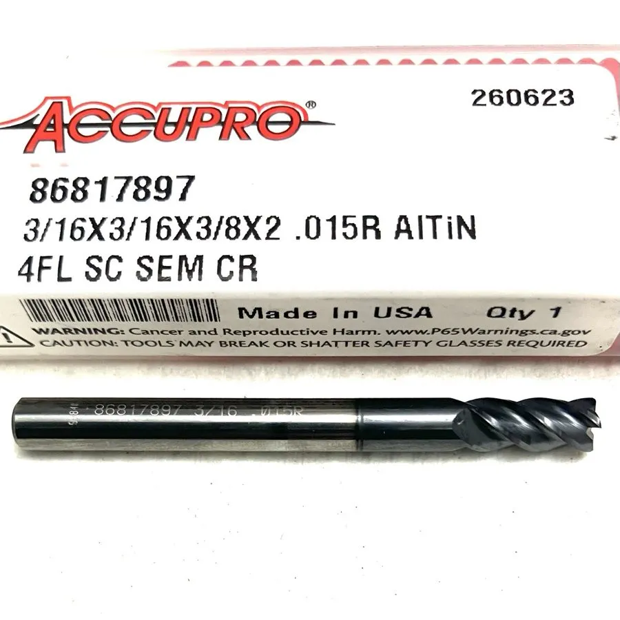 Режущий инструмент Accupro 3/16" 4FL Corner Radius Carbide End Mill .015R AlTiN  — фото лота 2