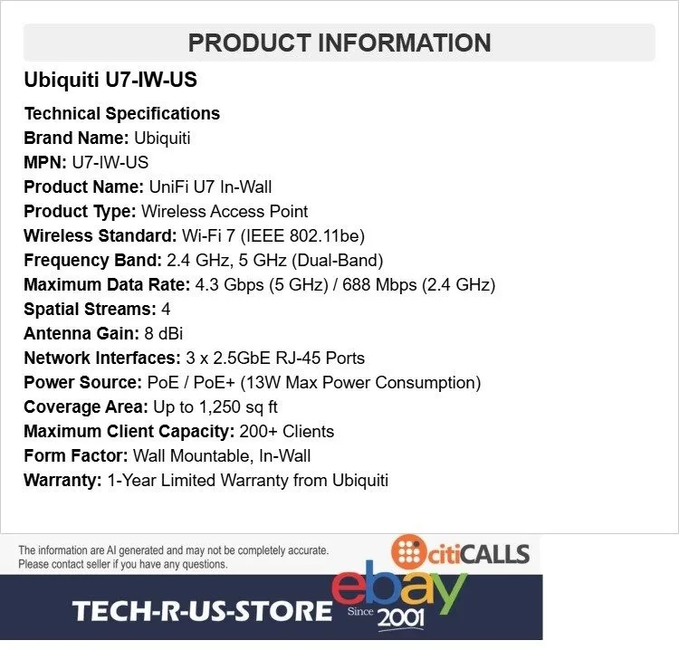 Точка доступа Wi-Fi Ubiquiti U7-IW-US UniFi U7 In-Wall WiFi 7 4.3Gbps 2.5GbE PoE