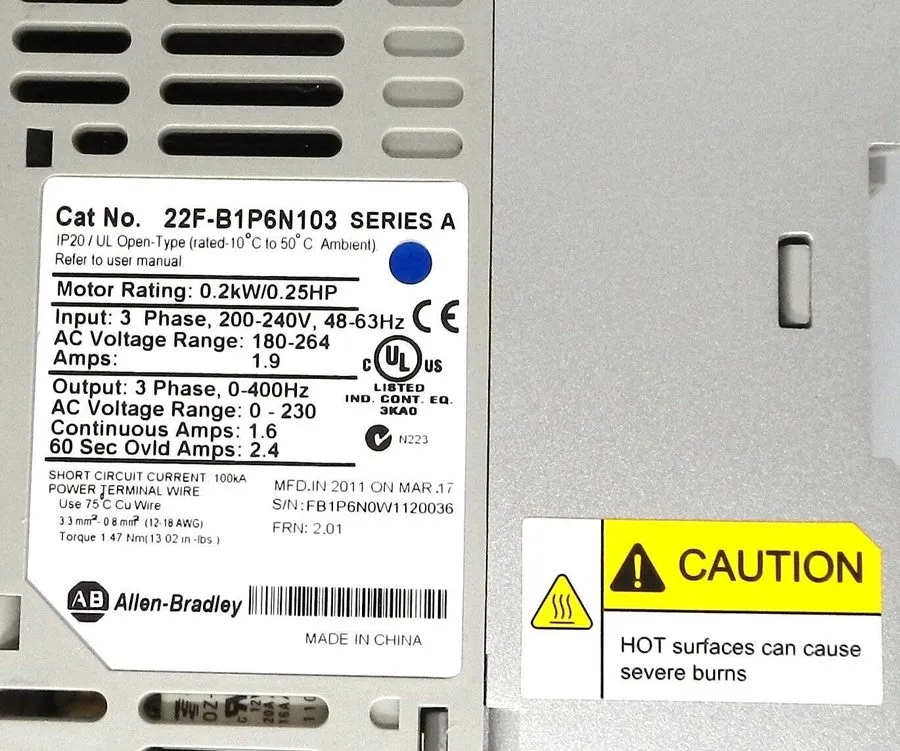 Частотный преобразователь Allen Bradley 0.25HP VFD 22F-B1P6N103 AC Drive Powerfl
