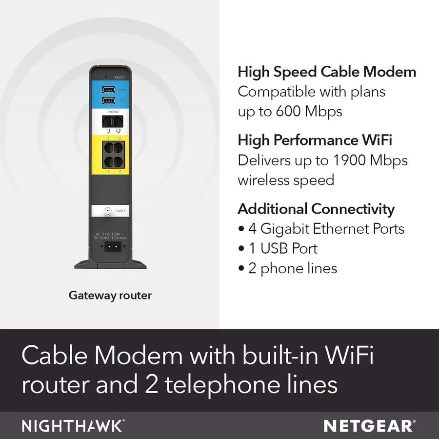 Маршрутизатор NETGEAR Nighthawk Cable Modem WiFi Router Combo with Voice C7100V — фото лота 1