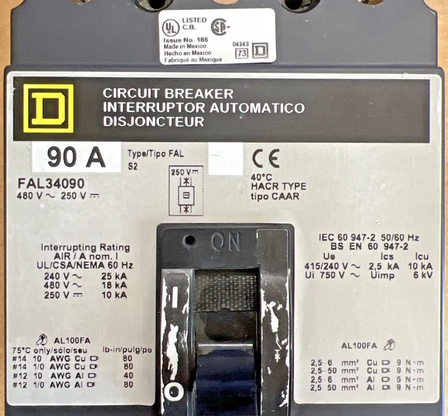 Автоматический выключатель Square D FAL34090 3 Pole 90A 480V FAL Circuit Breaker