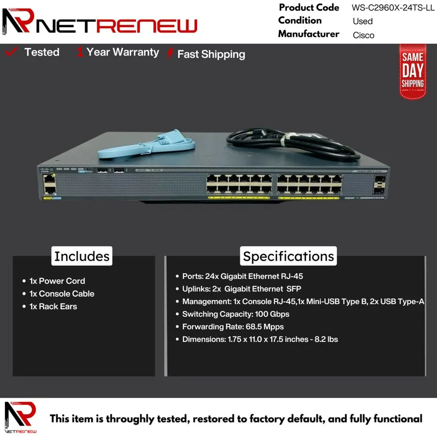 Коммутатор Cisco WS-C2960X-24TS-LL Switch 24 Ports Gigabit + 2 SFP