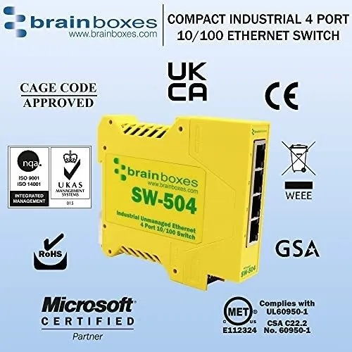 Коммутатор Brainboxes SW-504 Industrial Ethernet 4 Port Switch DIN Rail Mountabl — фото лота 1