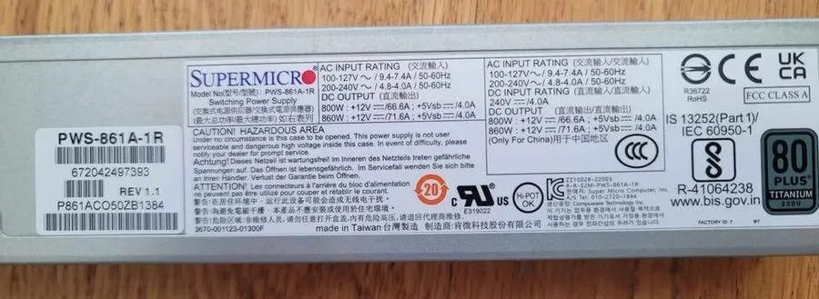 Блок питания Supermicro 800W/860W 1U Redundant Power Supply (PWS-861A-1R)