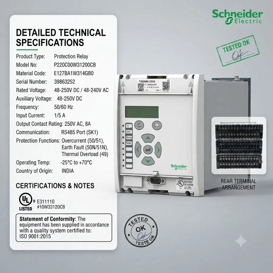 Реле защиты SCHNEIDER ELECTRIC MICOM P220 MOTOR PROTECTION RELAY P220C00W31200CB