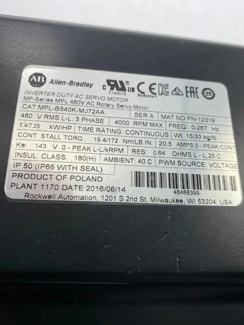 Серводвигатель MPL-B540K-MJ72AA Allen Bradley Servo Motor