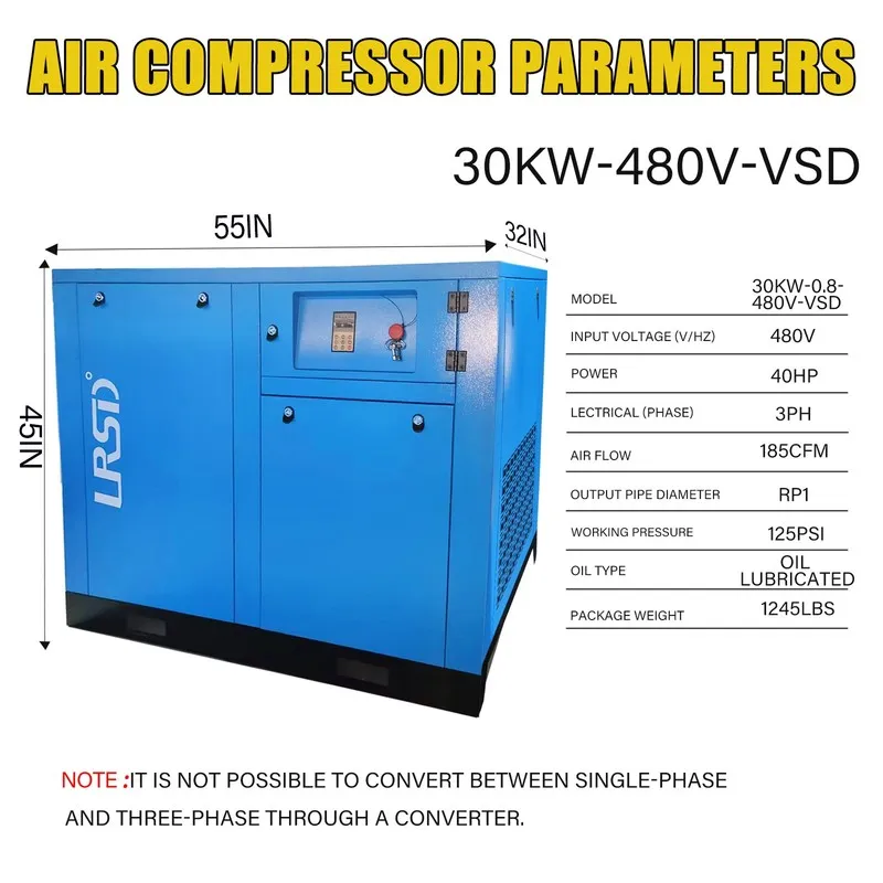 Компрессор 40HP VFD Rotary Screw Air Compressor 3 Ph 185CFM @ 125PSI 480V Indust