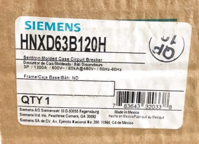 Автоматический выключатель SIEMENS HNXD63B120H SENTRON BREAKER 3POLE 1200A 600V