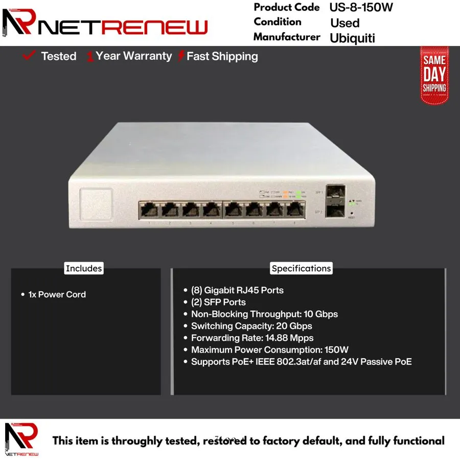 Коммутатор Ubiquiti US-8-150W 8-Port UniFi Switch, Managed PoE+ Gigabit Switch