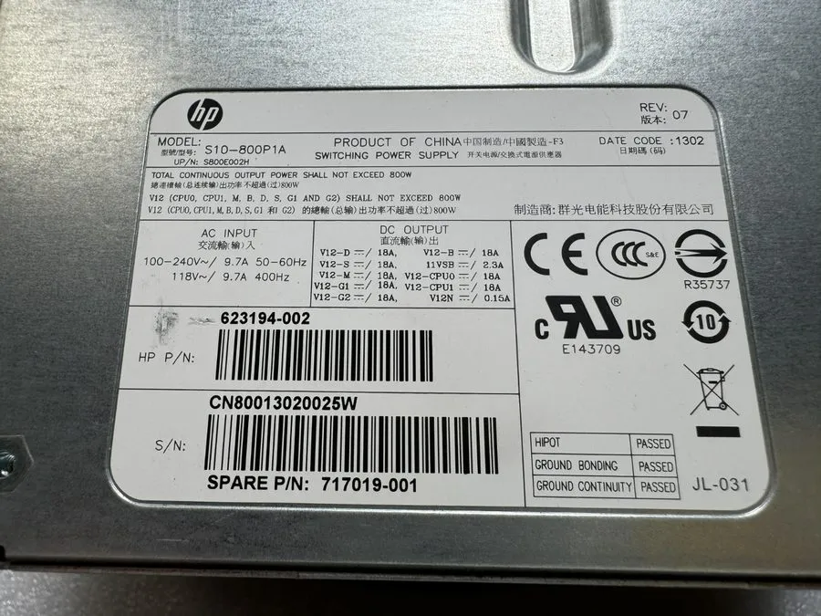 Блок питания HP Z620 Workstation 800W Power Supply Unit 623194-002 717019-001