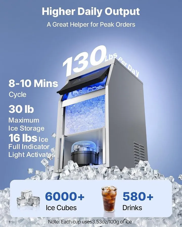 Льдогенератор VEVOR Commercial Ice Maker 100 lbs/24h Ice Machine 16-30 lbs Stora