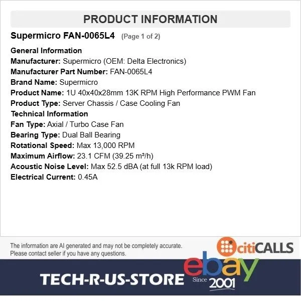 Вентилятор Supermicro FAN-0065L4 40x28mm 1U Server Cooling Fan SC813MF PWM — фото лота 1