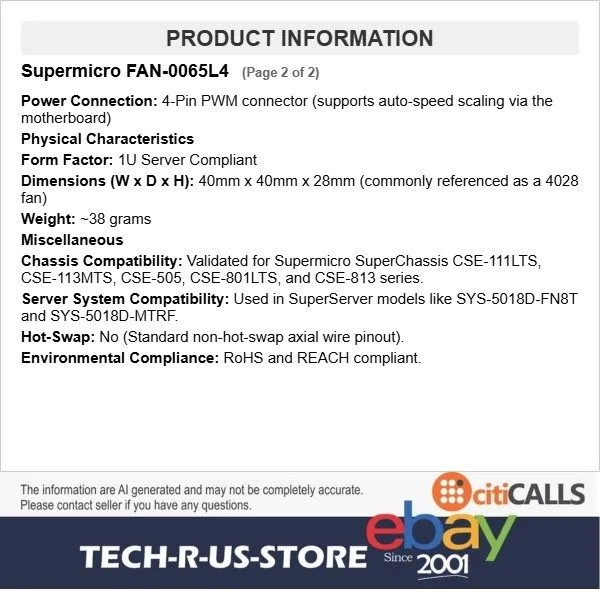 Вентилятор Supermicro FAN-0065L4 40x28mm 1U Server Cooling Fan SC813MF PWM — фото лота 2