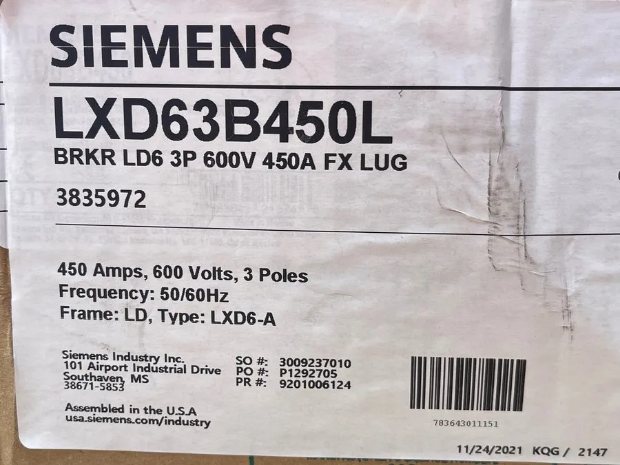 Автоматический выключатель Siemens lxd63s600a Sentron Series 600A 600V 3P Circui