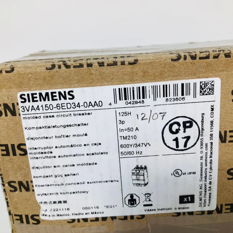Автоматический выключатель SIEMENS 3VA4150-4ED34-0AA0 BREAKER 3POLE 50AMP 600VOL