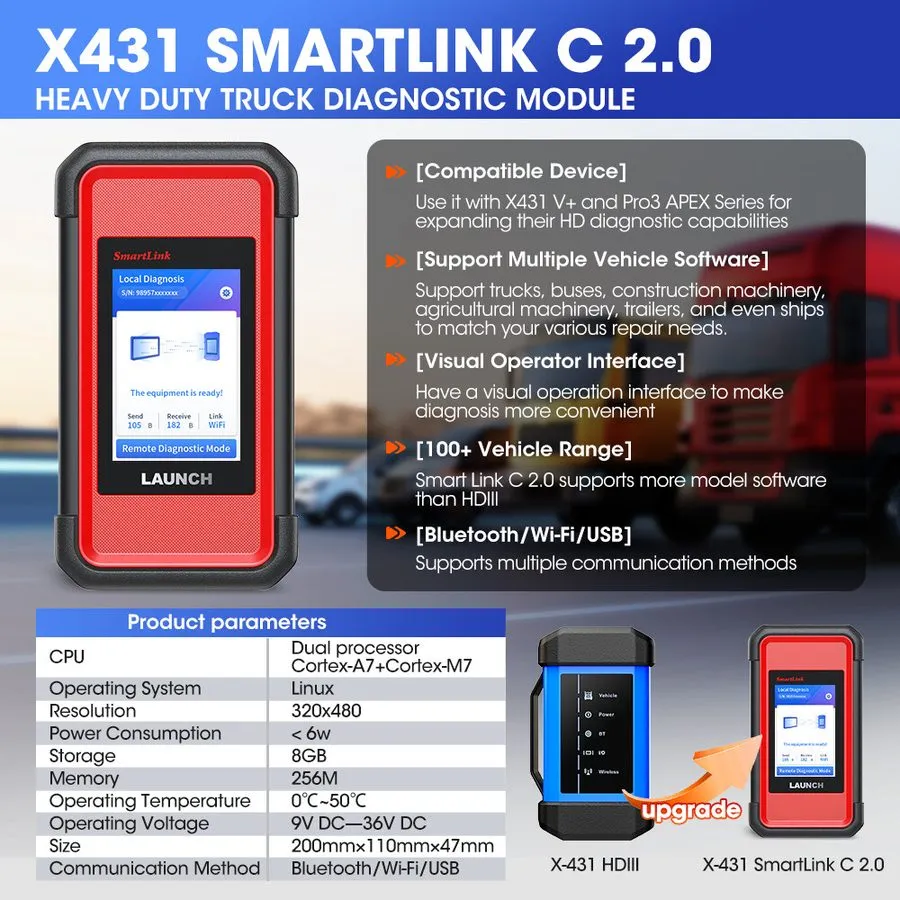 Диагностический сканер 2025 LAUNCH X431 PRO3S+Smartlink HD Heavy Duty Truck Diag