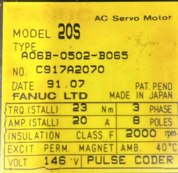 Серводвигатель FANUC A06B-0502-B065 AC Servo Motor 20S 2000RPM CNC Industrial Ja
