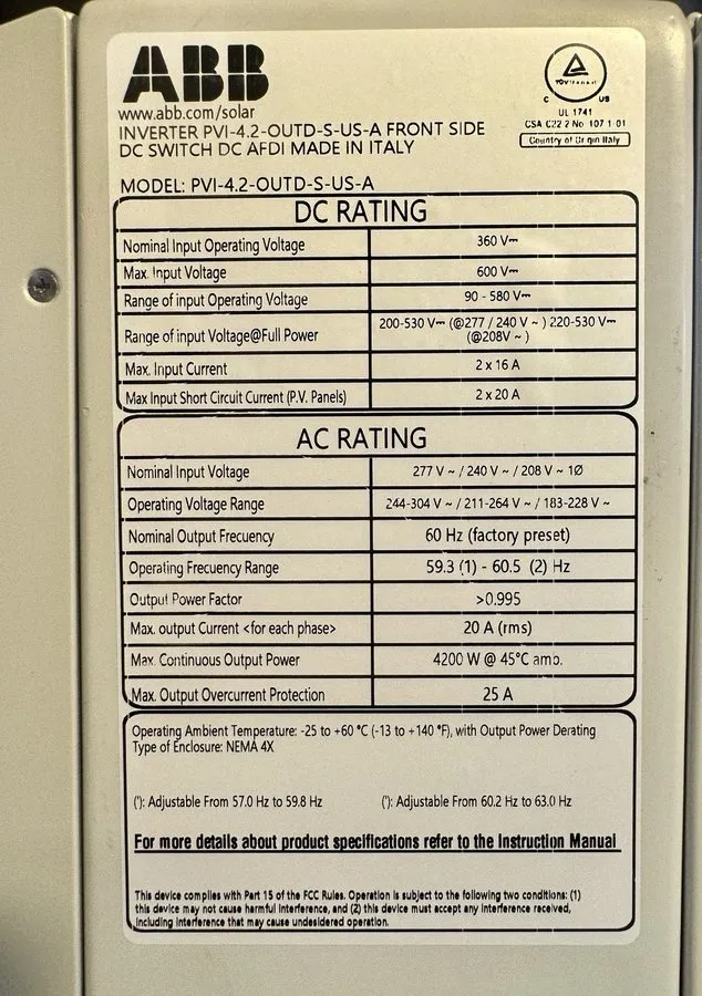 Инвертор ABB PVI-4.2-OUTD-S-US-A Power-One Aurora Inverter 4.2KW Solar Utility — фото лота 2