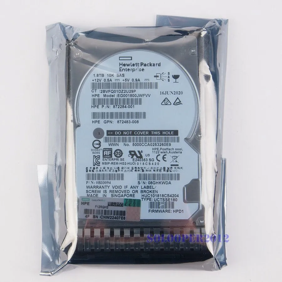 Жёсткий диск HPE 872481-B21 872738-001 1.8TB SAS 10K RPM 12Gb 2.5" SFF 512E HDD 