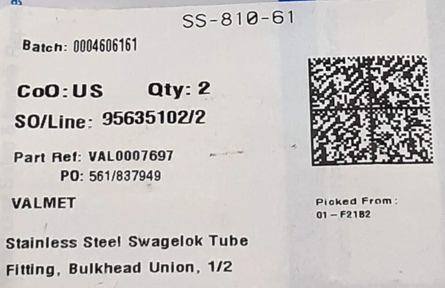 Фитинг Swagelok SS-810-61 Tube Fitting, Bulkhead Union, 1/2 in. Tube OD