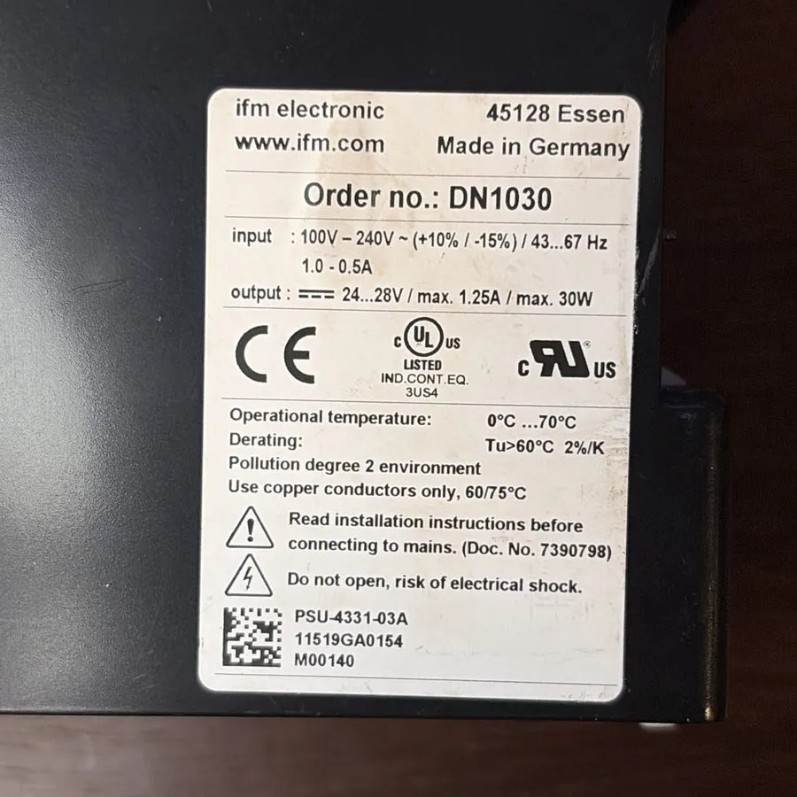 Блок питания IFM DN1030 24VDC Power Supply 100-240VAC DIN Rail PSU 1.25A Industr — фото лота 1
