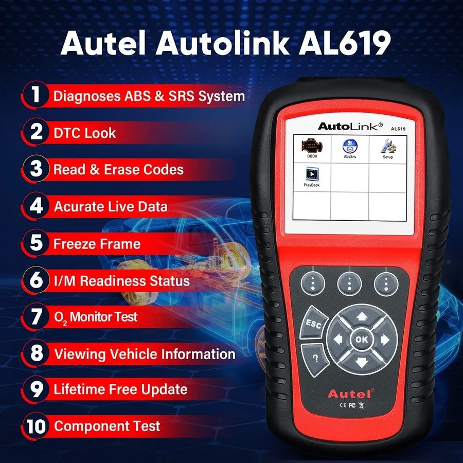 Диагностический сканер Autel AutoLink AL619 OBD2 Scanner, 2026 ABS SRS Warning L
