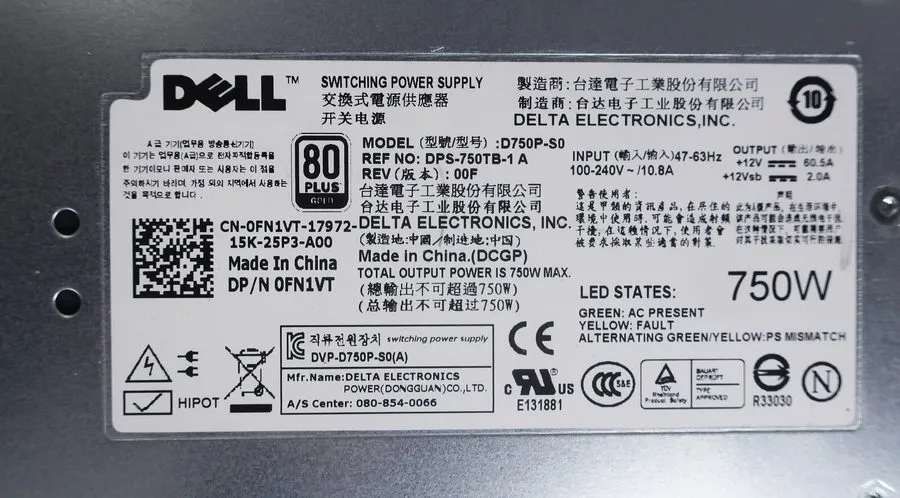 Блок питания Dell 750W Power Supply D750P-S0 DPS-750TB-1 A FN1VT