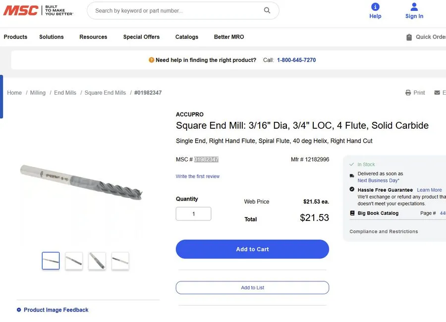Режущий инструмент Accupro Square End Mill 3/16" Dia x 3/4" LOC 4 Flute Solid Ca