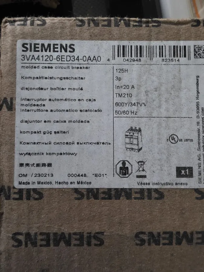 Автоматический выключатель Siemens 3VA4120-4ED34-0AA0 3p 20a Circuit Breaker Fra