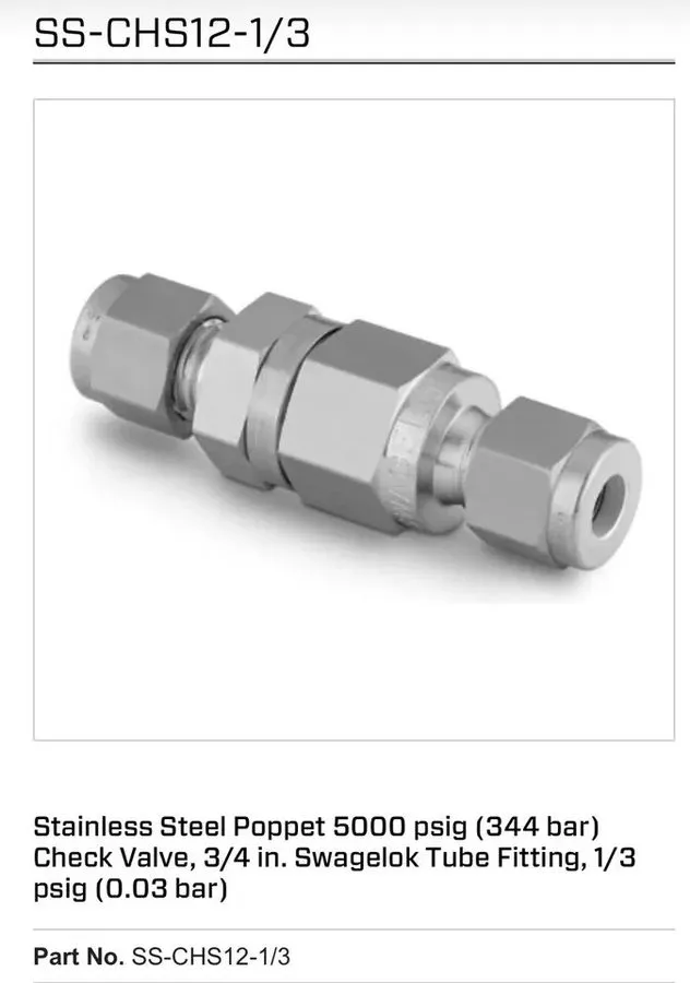 Клапан Swagelok SS-CHS12-1/3 Stainless 5000 PSIG Poppet Check Valve 3/4"