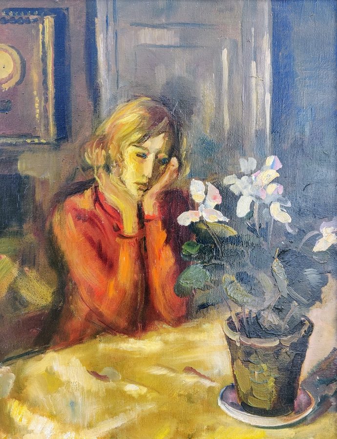 Лабораторный прибор Mogens Vantore (1895-1977): YOUNG WOMAN AT A TABLE, oil pain — фото лота 2