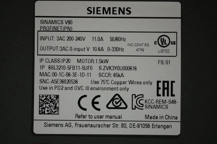 Частотный преобразователь SIEMENS SINAMICS V90 PROFINET 6SL3210-5FB11-5UF0 PLC D — фото лота 1