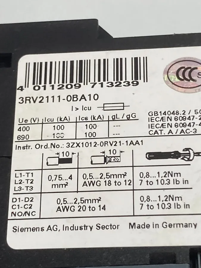 Автоматический выключатель Siemens 3RV2111-0BA10 Motor Protection Circuit Breake