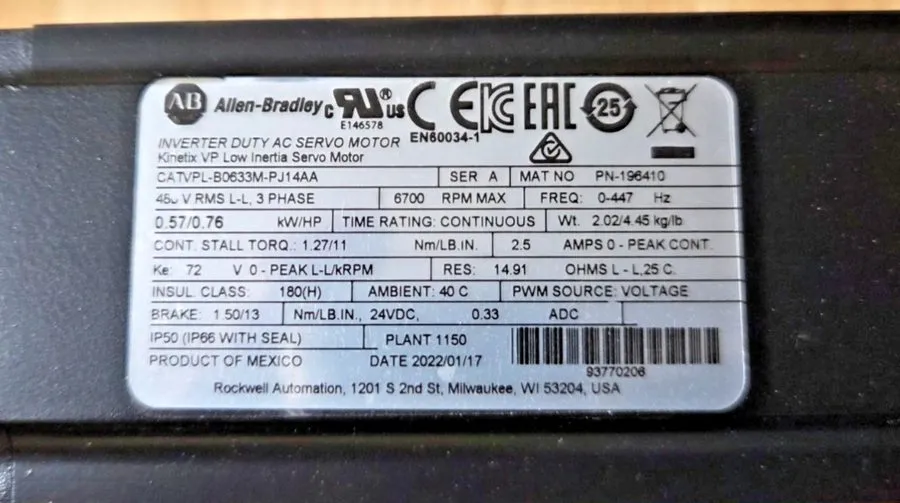 Серводвигатель 2023 Allen Bradley VPL-B0633M-PJ12AA Kinetix Servo Motor 480V AC