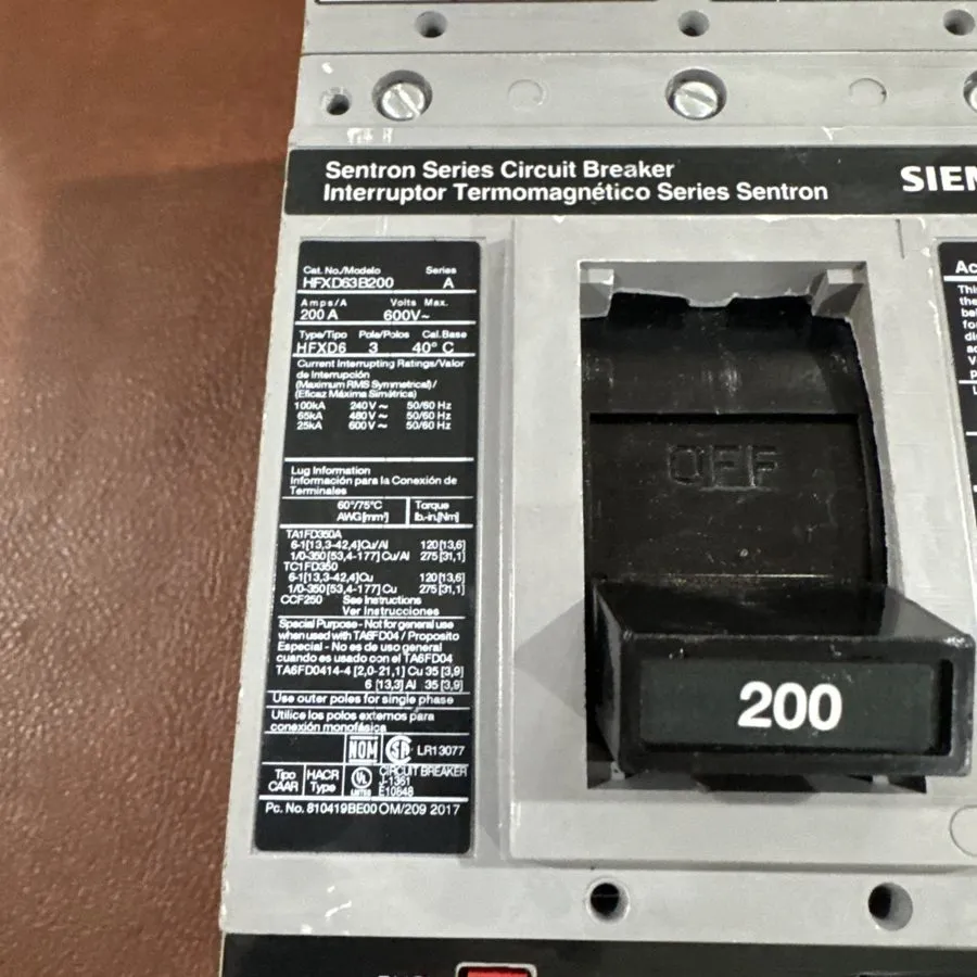 Автоматический выключатель Siemens HFXD63B200 Sentron Molded Case Circuit Breake — фото лота 2