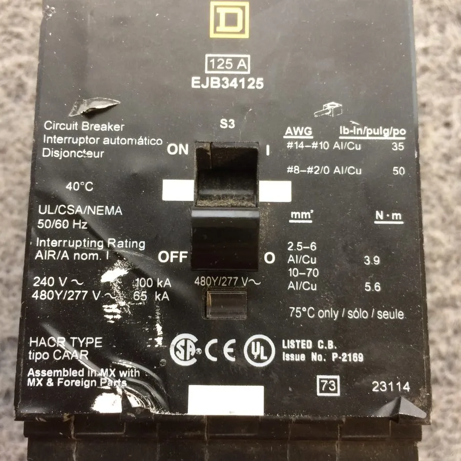 Автоматический выключатель Square D EJB34125 3p 480v 125a 65k NF Bolt In Circuit