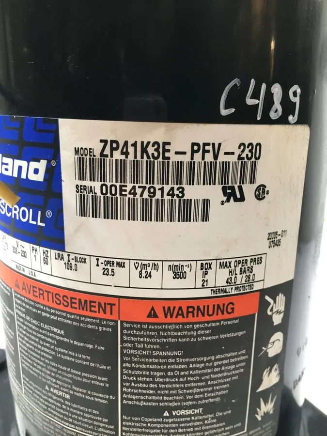Компрессор Copeland 3.5 Ton Scroll Compressor ZP41K3E-PFV-230 R410A 208/230V 1 P — фото лота 1