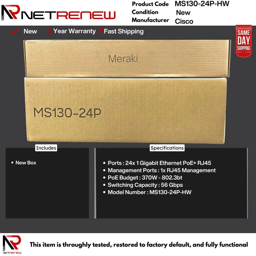 Коммутатор Cisco Meraki MS130-24P-HW CLOUD MANAGED 24GE 370W POE SWITCH
