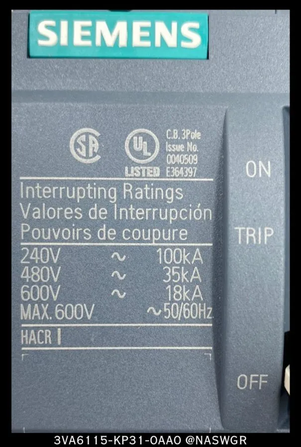 Автоматический выключатель Siemens 3VA6115-5KP31-0AA0 Molded Case Circuit Breake