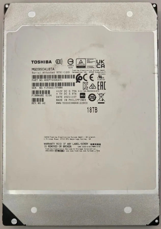 Сервер Toshiba 18TB 7.2K SAS 12Gbps 3.5" Server JBOD HDD MG09SCA18TA PARTS ONLY — фото лота 1