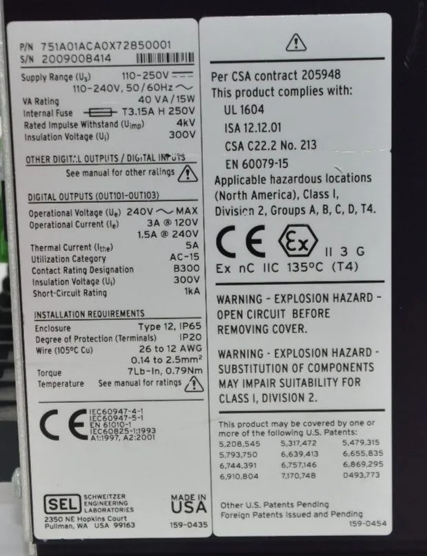 Реле защиты Sel Schweitzer SEL-751A 120-240VAC Feeder Protection Relay