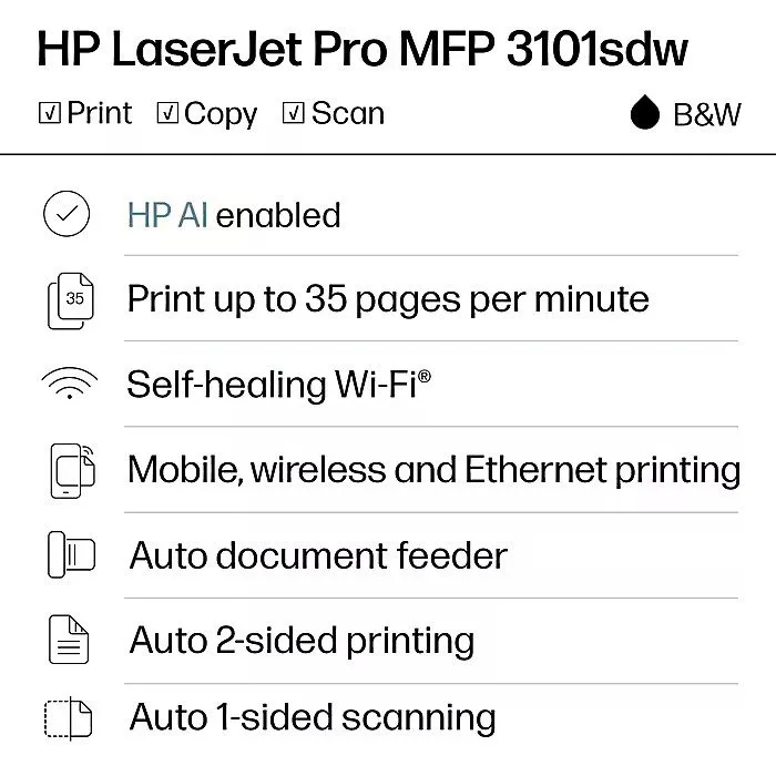 Лазерный принтер HP LaserJet Pro MFP 3101sdw Wireless Black & White Laser Printe
