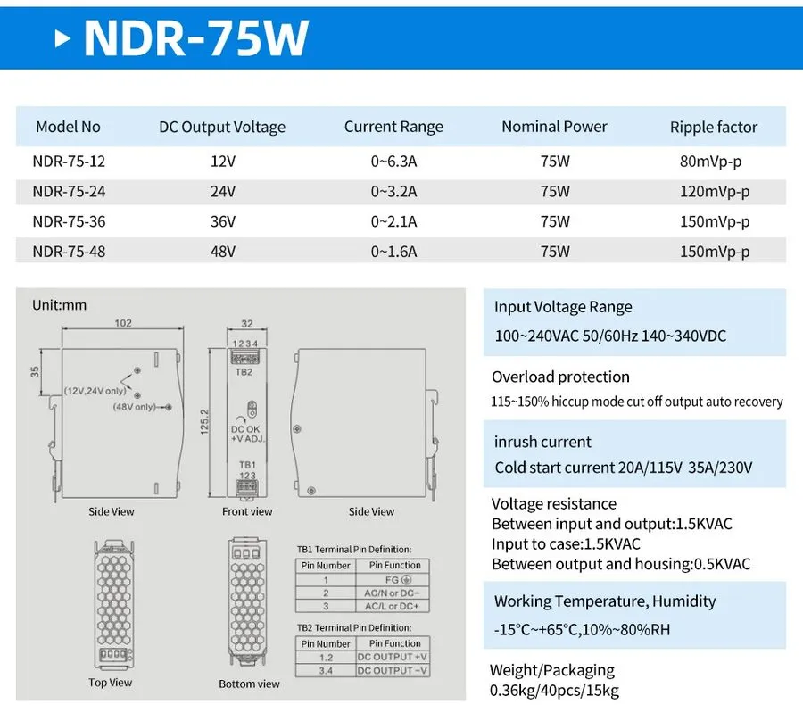 Блок питания Switching Power Supply NDR-240 DIN Rail 100-240V AC 24V 12V 48V DC  — фото лота 1
