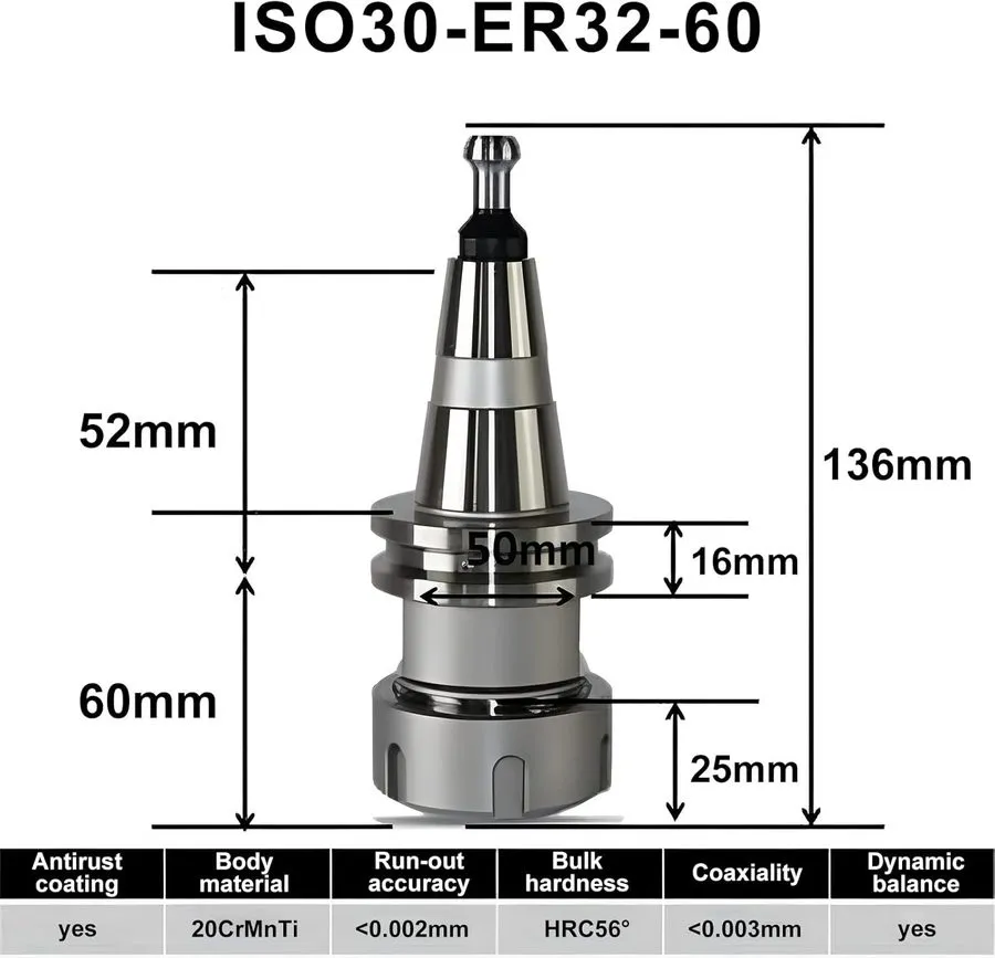 Патрон ISO30 ER32-60 Balance Collet Chuck G2.5 30000rpm CNC Tool Holder Stainles