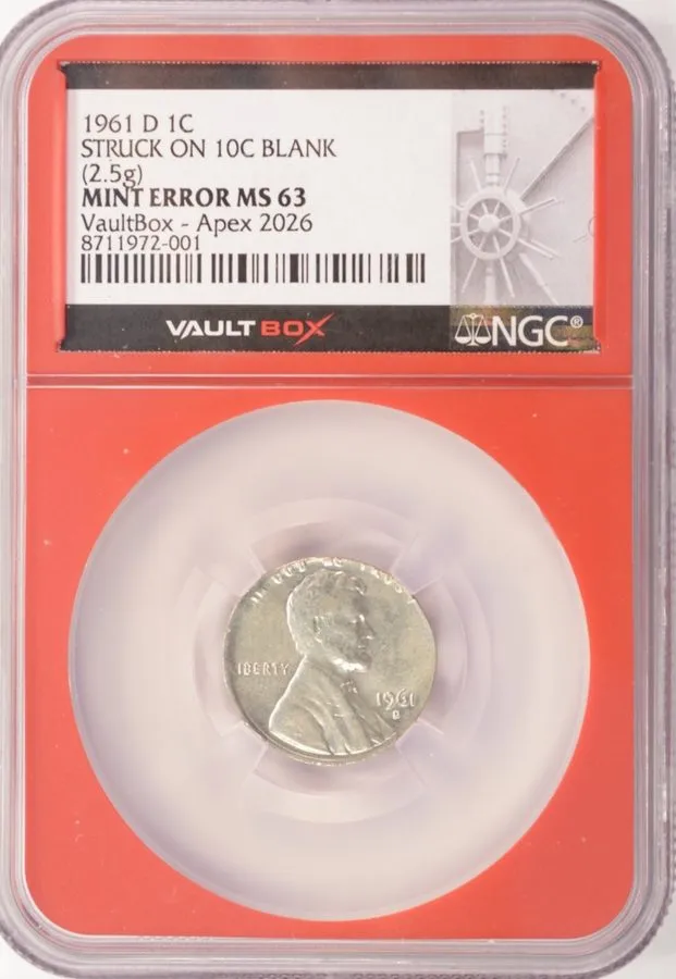 Лабораторный прибор 1961-D 1c Lincoln Cent Struck on Silver Dime Blank NGC MS63 — фото лота 2